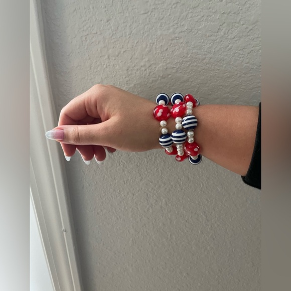 Handmade Glass Beaded Stretch Bracelets | Red,White,Blue - Picture 1 of 4
